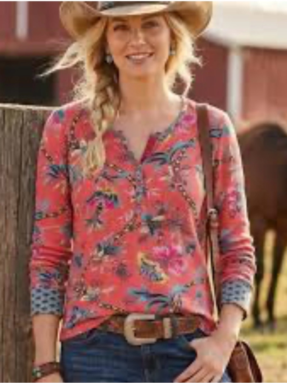 Sundance Coral Floral Henley Long Sleeve Top with Teal Accents